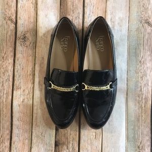 Franco Sarto Black Flats Gold Chain Detail EUC 9.5